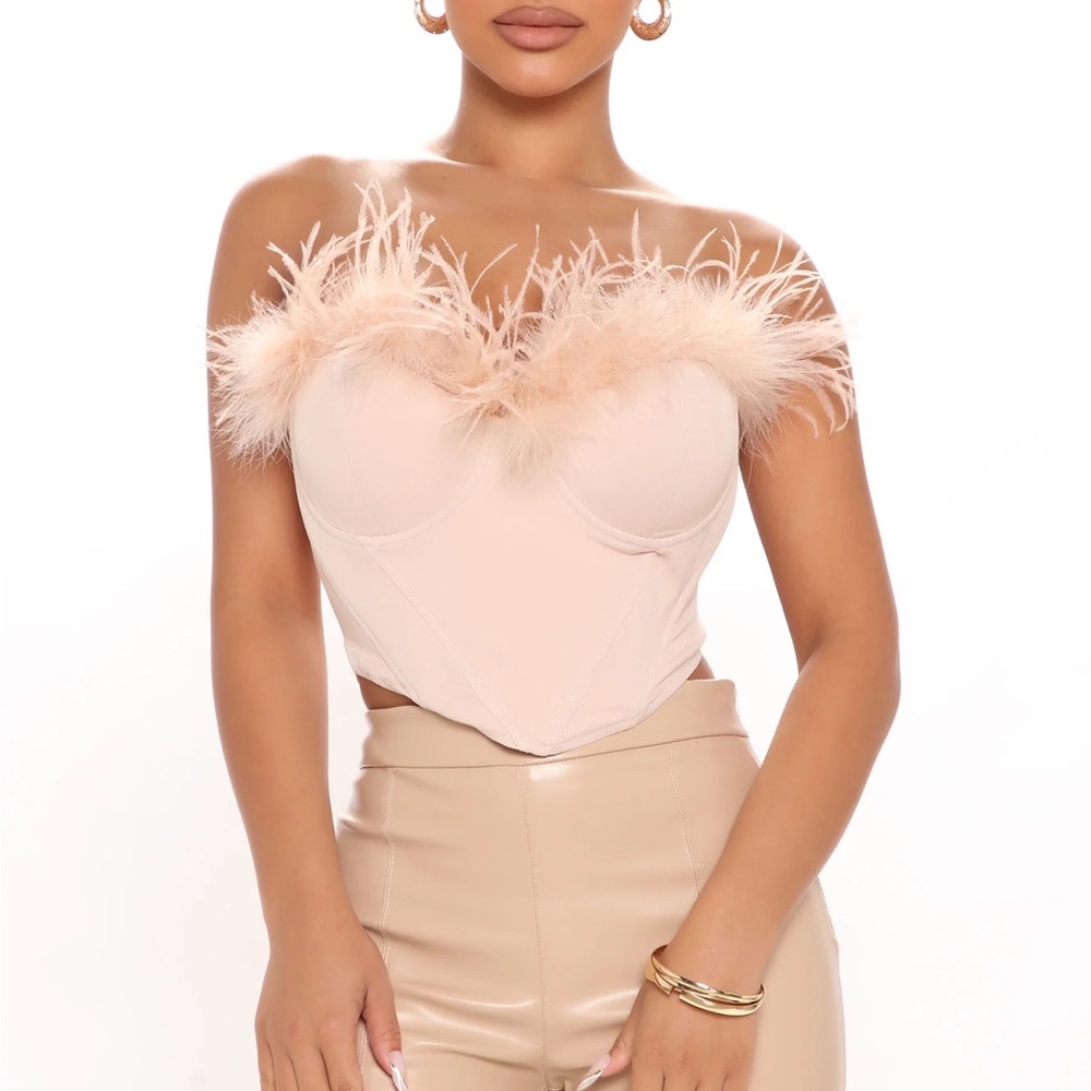 Fashion Nova Strapless Feather-Trimmed Pink Top